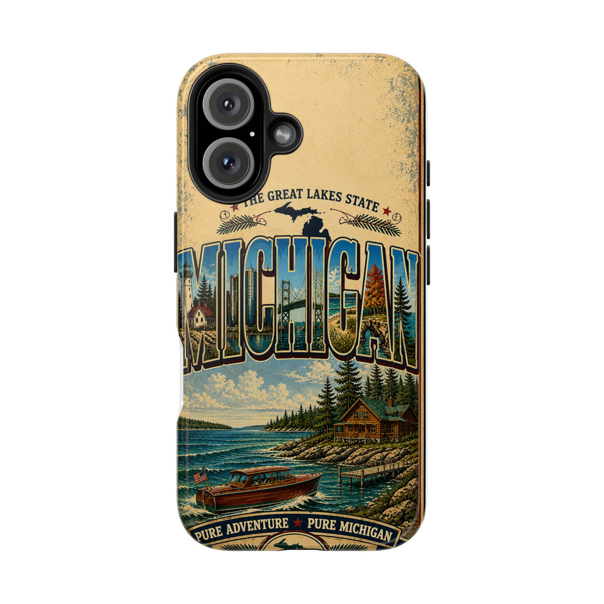 Michigan Great Lakes Faux Patchwork Phone Case – Vintage Travel Poster Style Michigan State Pride Cover for iPhone & Samsung