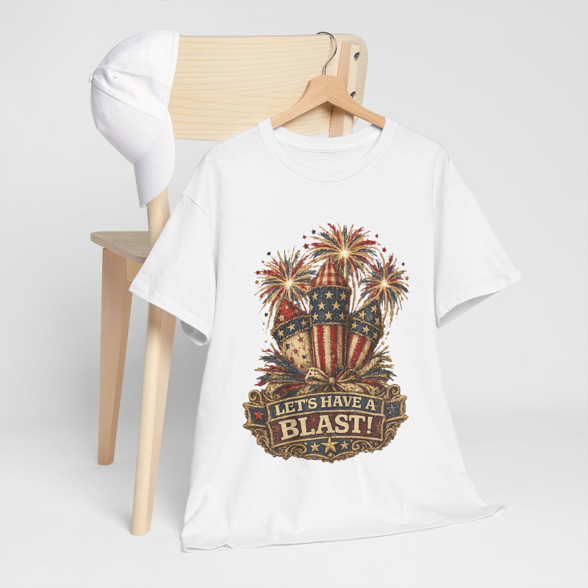 T-Shirt — "Let's Have a Blast!" American Flag Fireworks 4th of July Tee