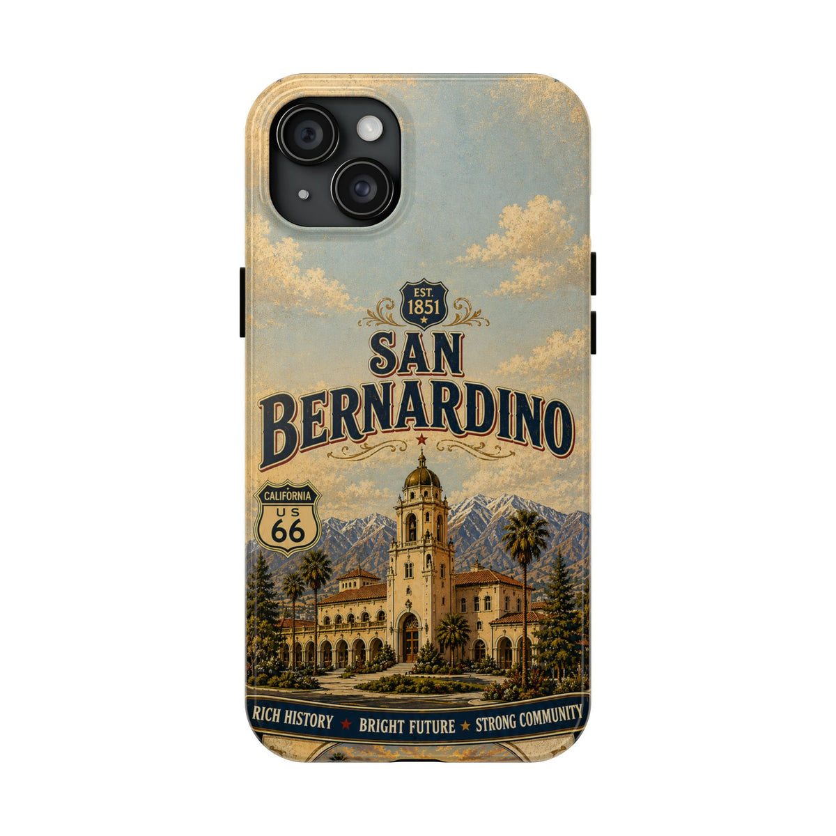 San Bernardino Route 66 Faux Patchwork Phone Case Vintage California Travel Poster Mountain Landmark Cover