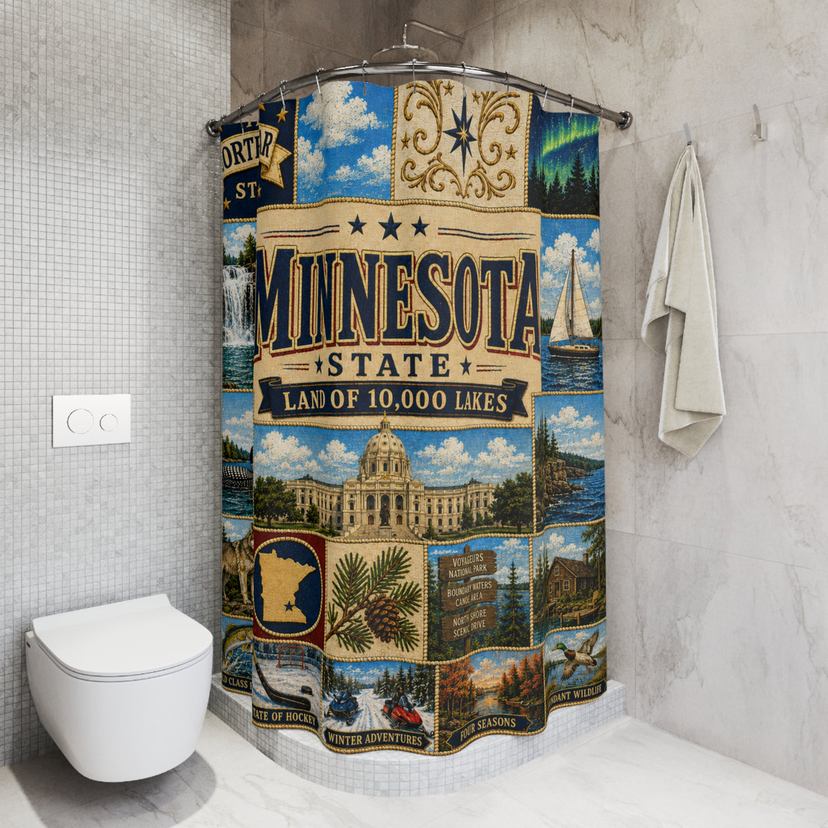 Minnesota State 'Land of 10,000 Lakes' Shower Curtain – Vintage State Collage