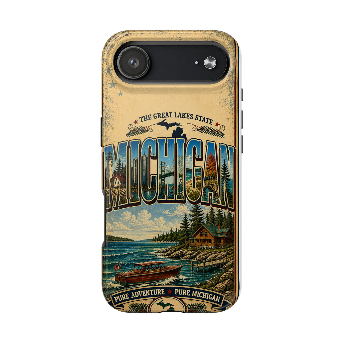 Michigan Great Lakes Faux Patchwork Phone Case – Vintage Travel Poster Style Michigan State Pride Cover for iPhone & Samsung