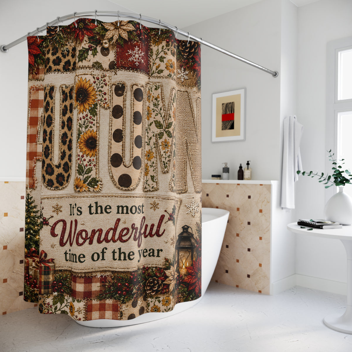 Autumn Christmas Shower Curtain Faux Patchwork Plaid Leopard Sunflower Rustic Farmhouse Holiday Bathroom Decor