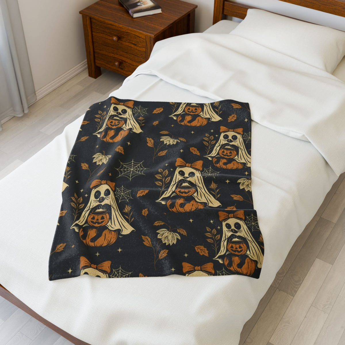 Velveteen Raccoon Ghost & Pumpkin Halloween Blanket – Soft Spooky Fall Throw