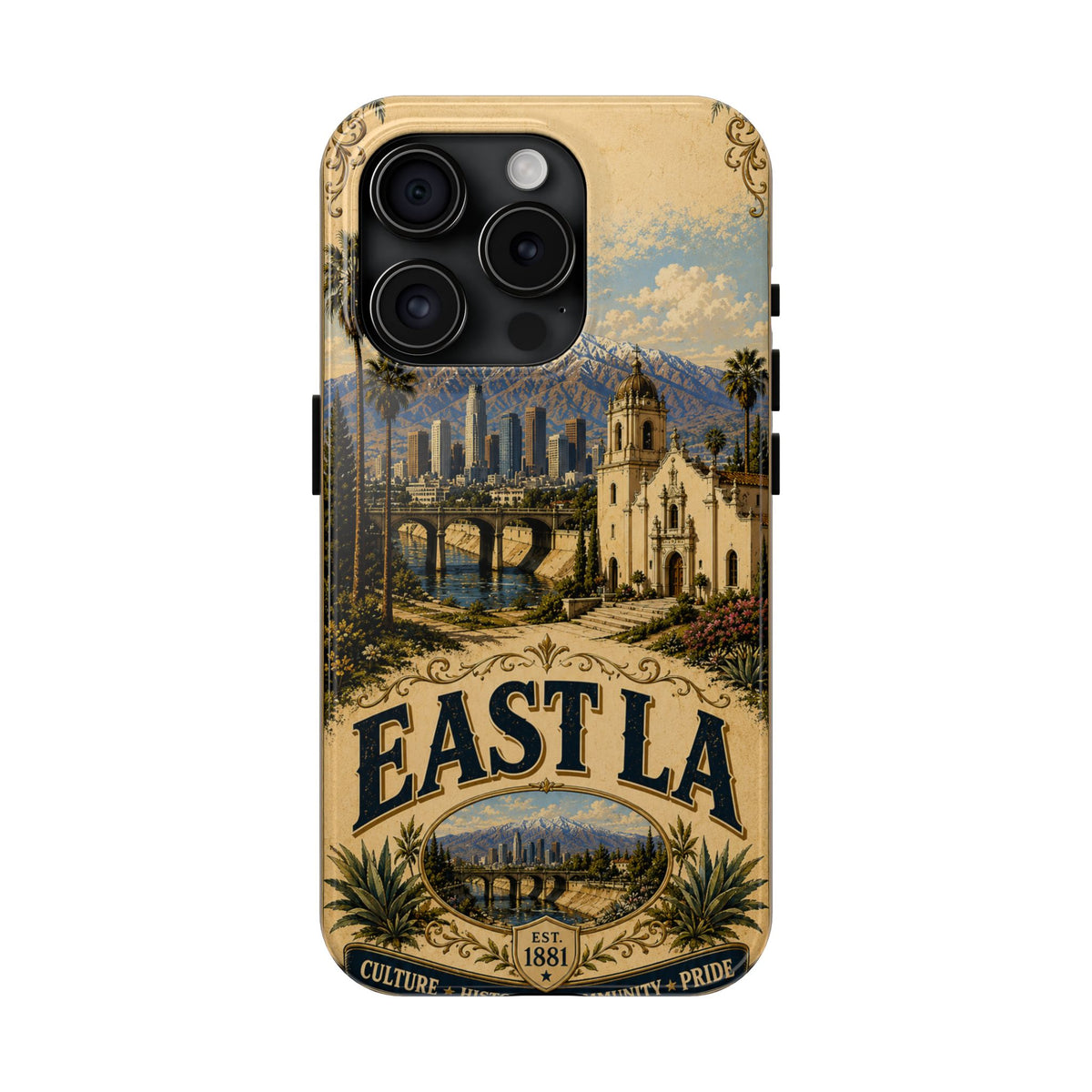 East LA Faux Patchwork Phone Case – Cultural Heritage Skyline & Mission Landmark Retro Cover for iPhone 17 Samsung S26
