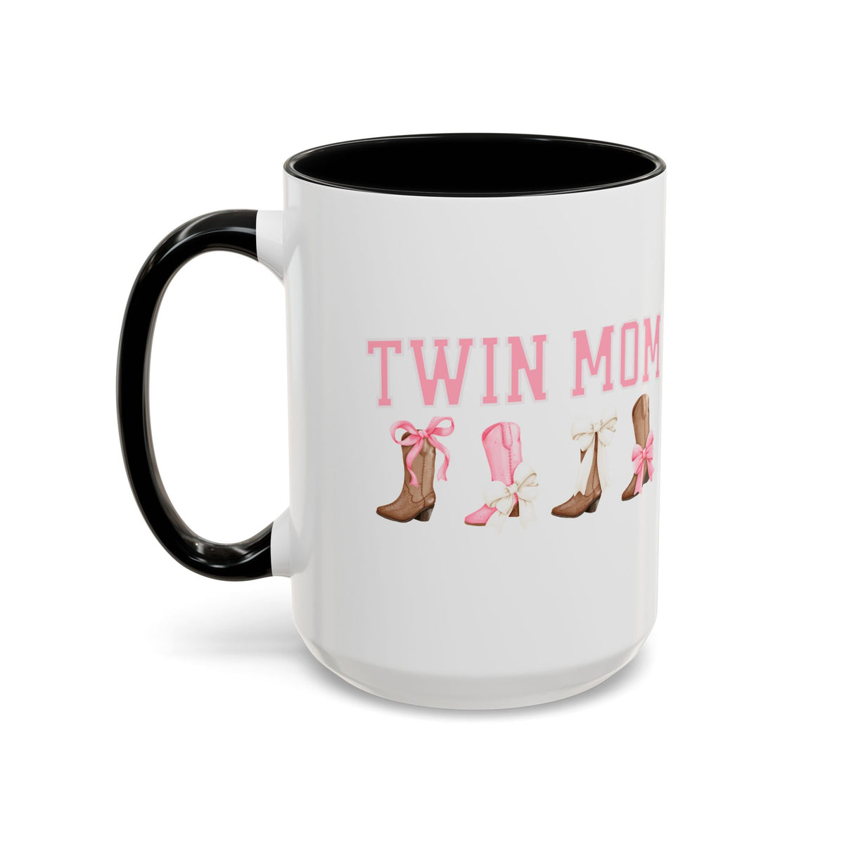 Twin Mom Letters Coffee Mug with Cowboy Boots and Bow – 11oz & 15oz Accent Mug – Cute Western Gift for Twin Moms