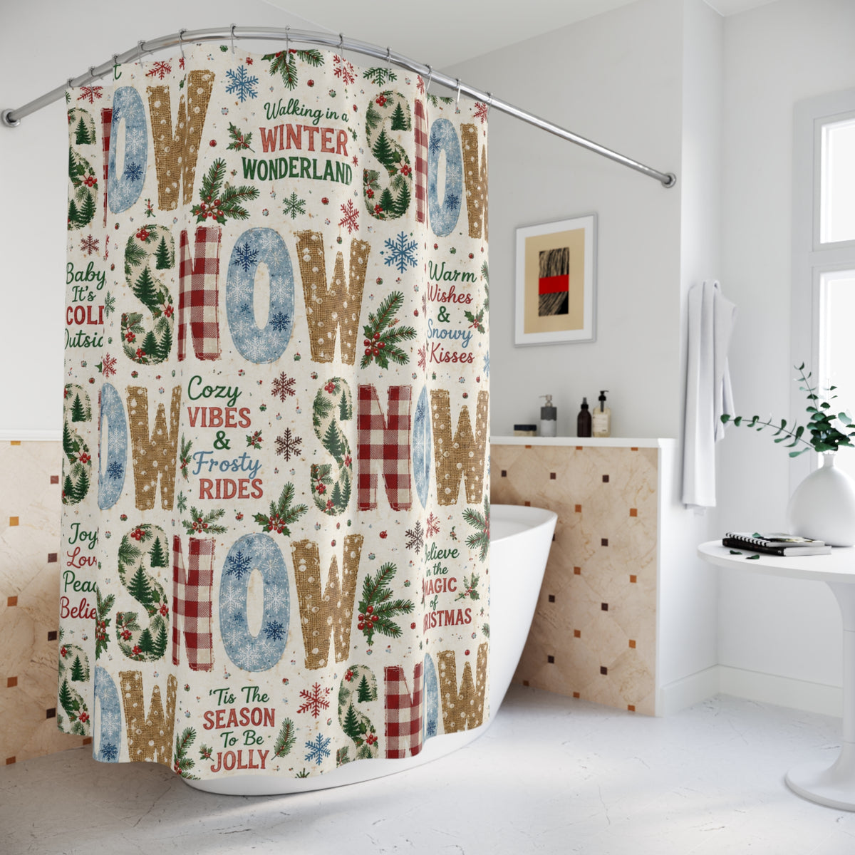 Christmas Snow Shower Curtain Faux Patchwork Winter Wonderland Plaid Snowflakes Pine Trees Rustic Farmhouse Holiday Bathroom Decor