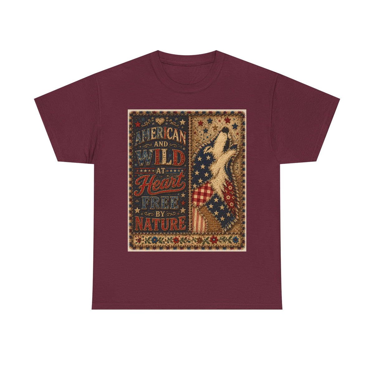 Patriotic Retro Tee – "American and Wild at Heart, Free by Nature" Flag Silhouette Shirt