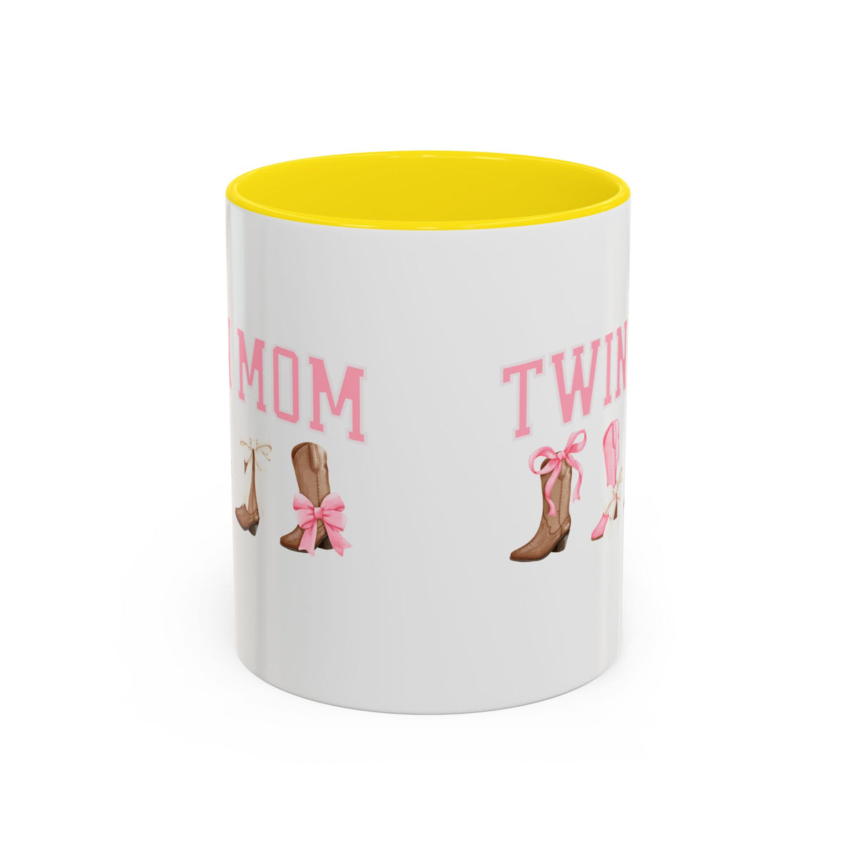 Twin Mom Letters Coffee Mug with Cowboy Boots and Bow – 11oz & 15oz Accent Mug – Cute Western Gift for Twin Moms