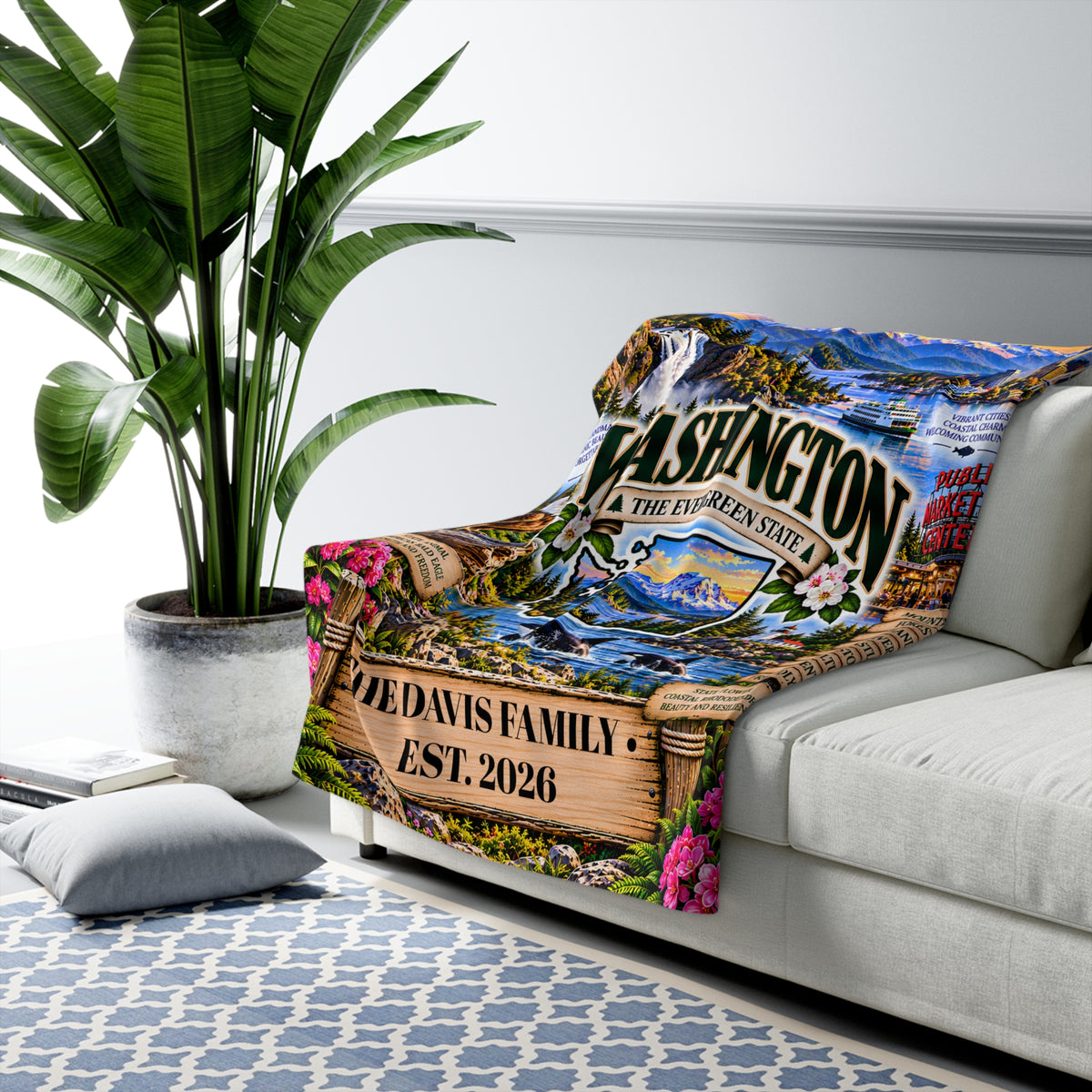 Washington Personalized Sherpa Fleece Blanket, Mount Rainier, Seattle Skyline, Orcas, Evergreen Forest