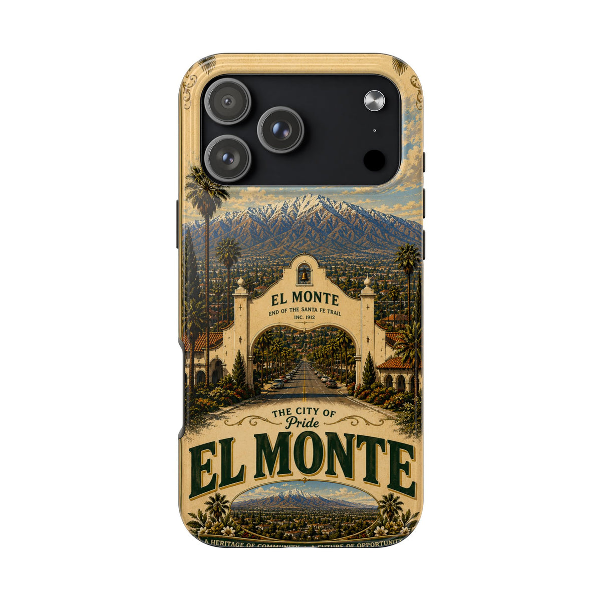 El Monte Faux Patchwork Phone Case – Santa Fe Trail Historic Archway Retro Travel Cover for iPhone 17 Samsung S26