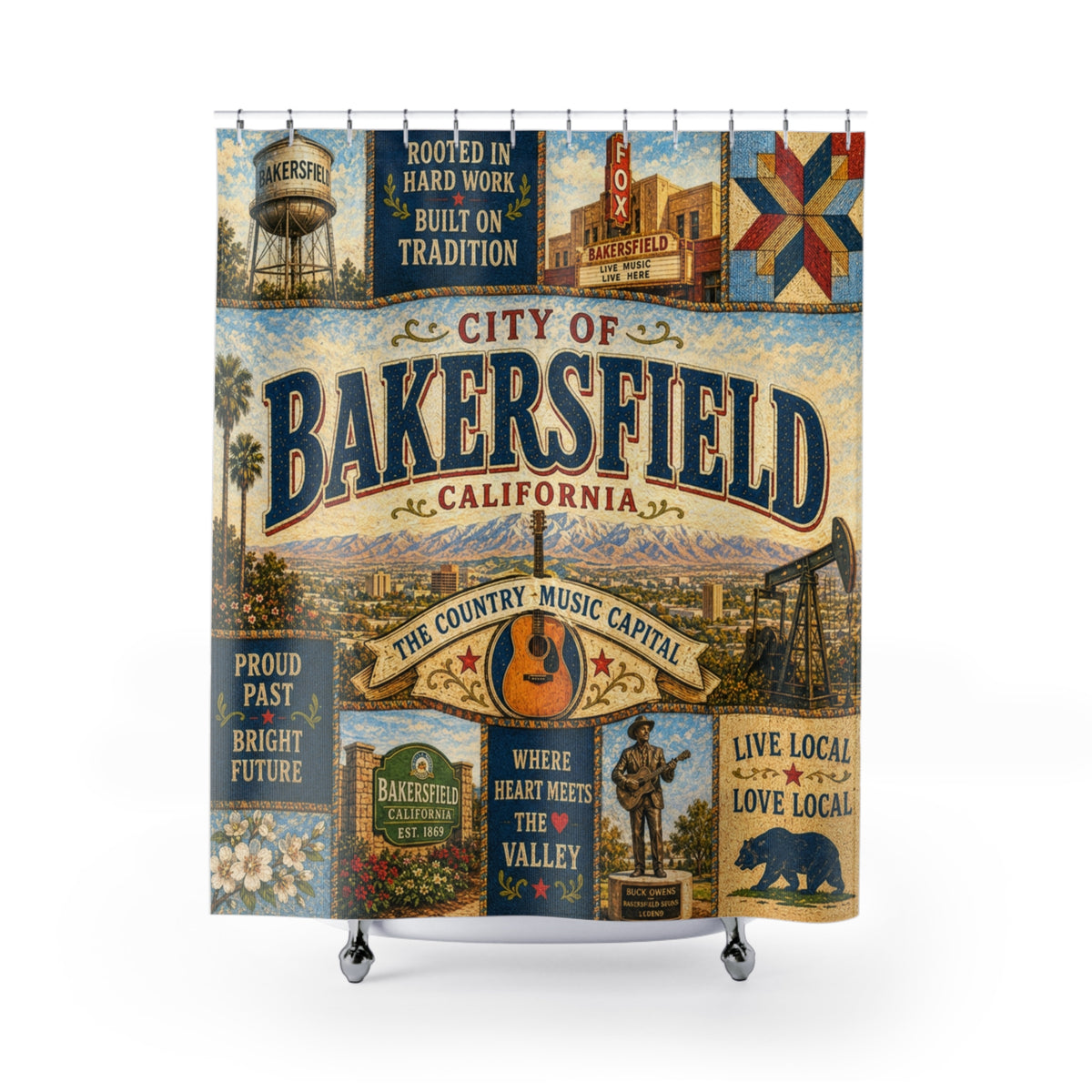 Bakersfield California Shower Curtain Country Music Capital Faux Patchwork Western City Landmark Bathroom Decor