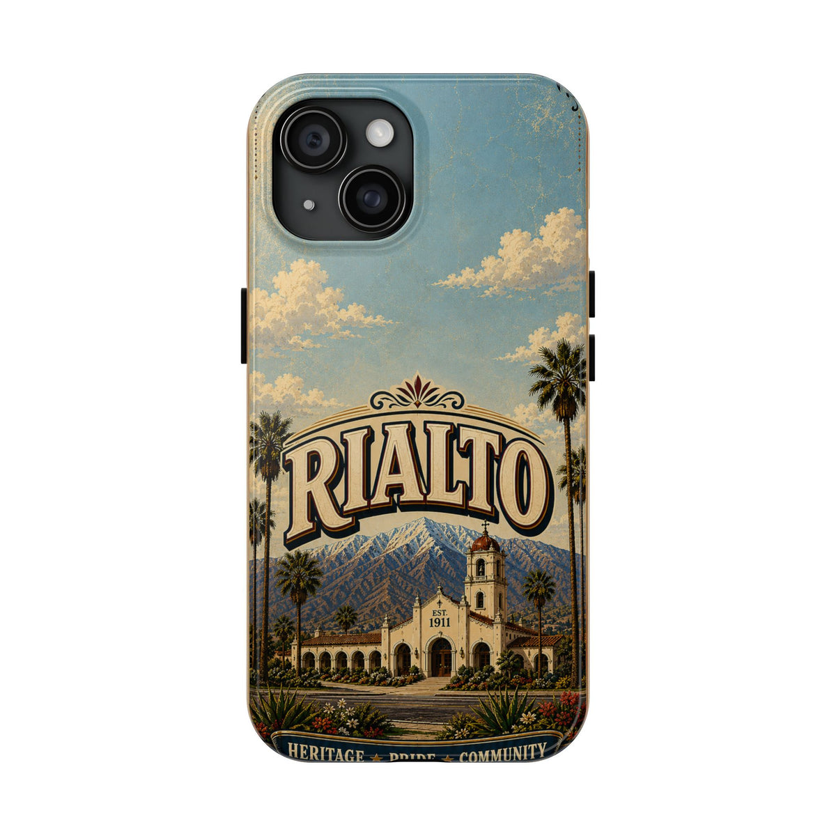 Rialto Heritage Pride Community Faux Patchwork Phone Case – Est 1911 Vintage California Travel Art Cover