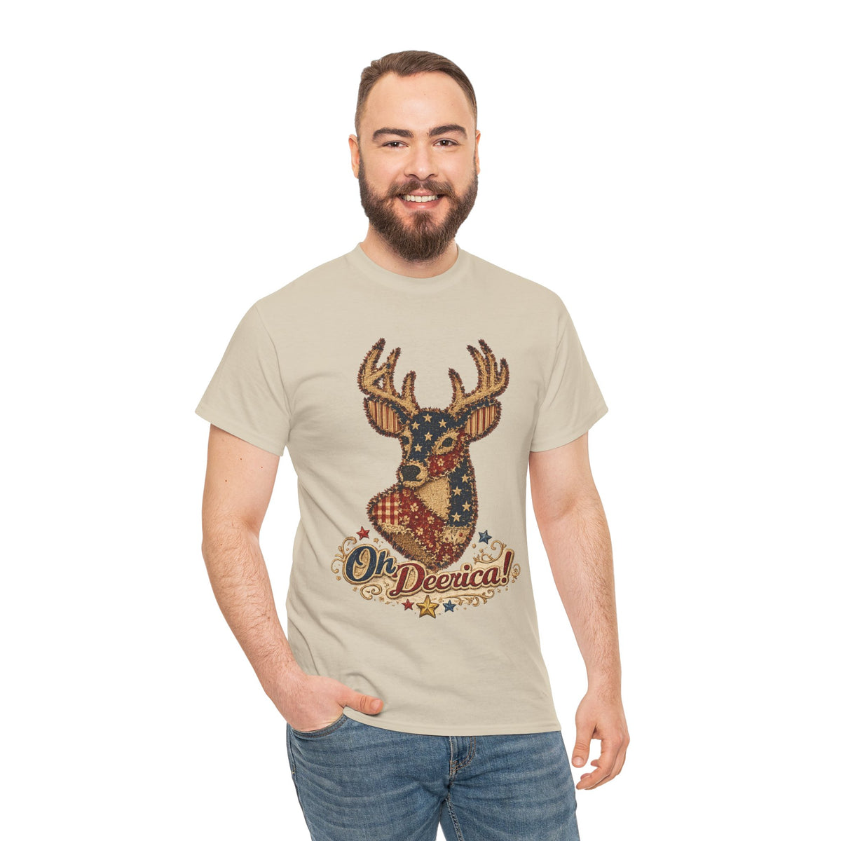 Deerica Patriotic Deer T-Shirt — "Oh Deerica!" American Flag Buck Tee
