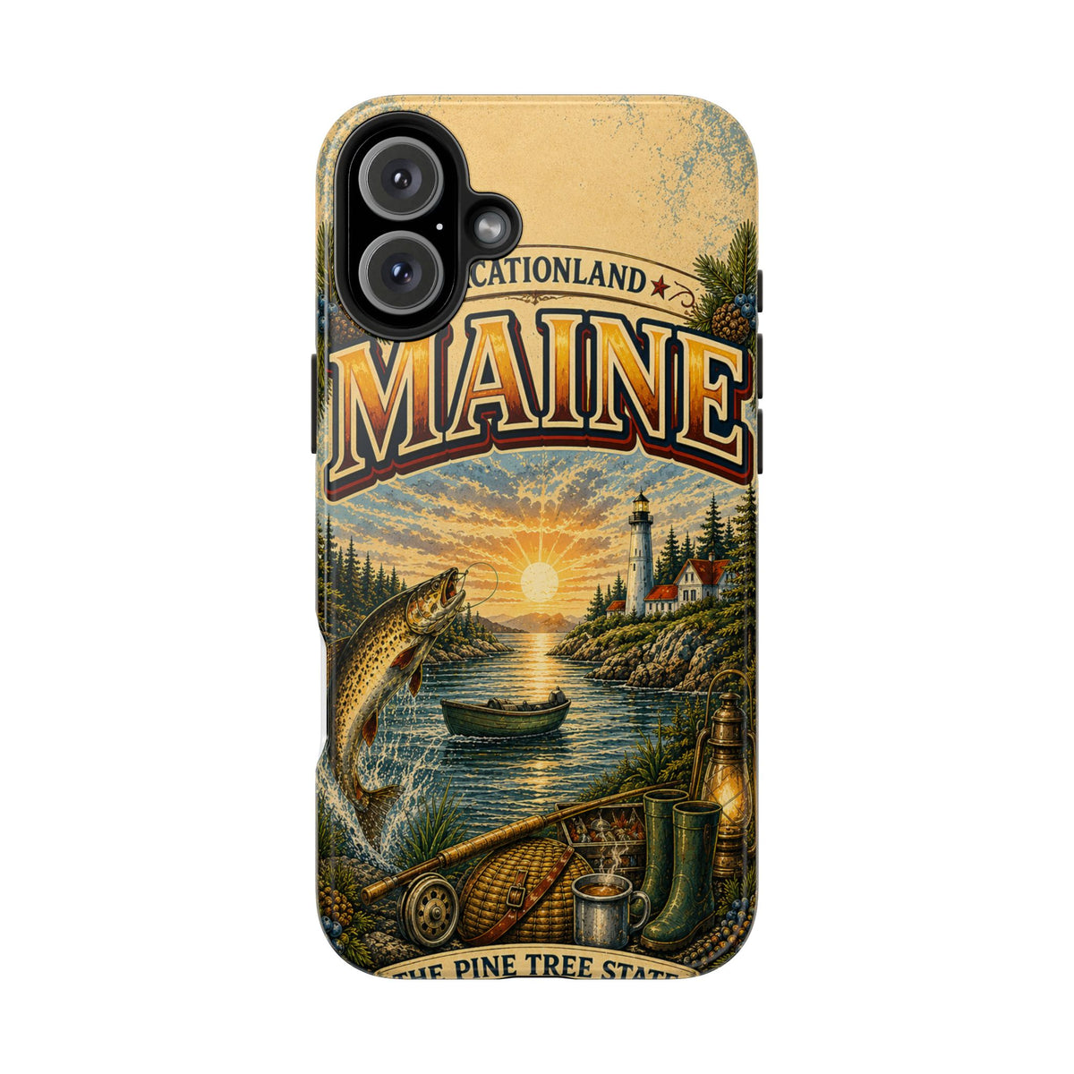 Maine Vacationland Faux Patchwork Phone Case – Vintage Travel Poster Style Coastal Maine Souvenir Cover for iPhone & Samsung