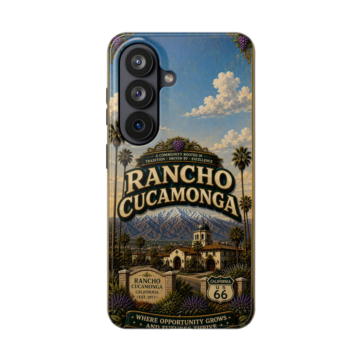 Rancho Cucamonga Where Opportunity Grows Faux Patchwork Phone Case – Route 66 Vintage Travel Art Cover