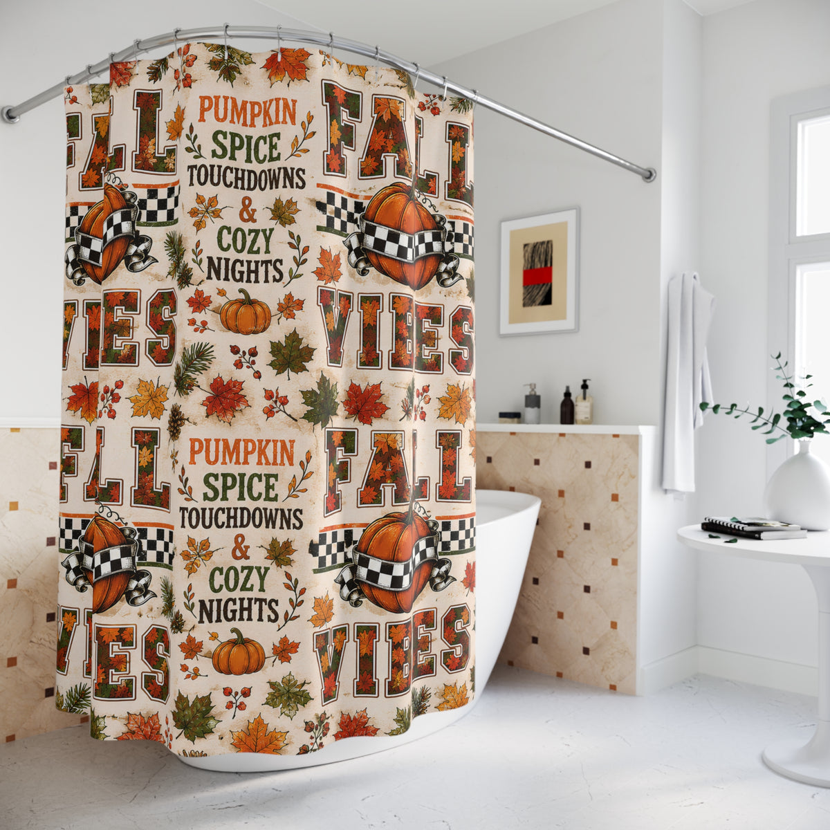Fall Vibes Shower Curtain Pumpkin Spice Football Touchdowns Autumn Leaves Checkered Pumpkins Cozy Rustic Bathroom Decor