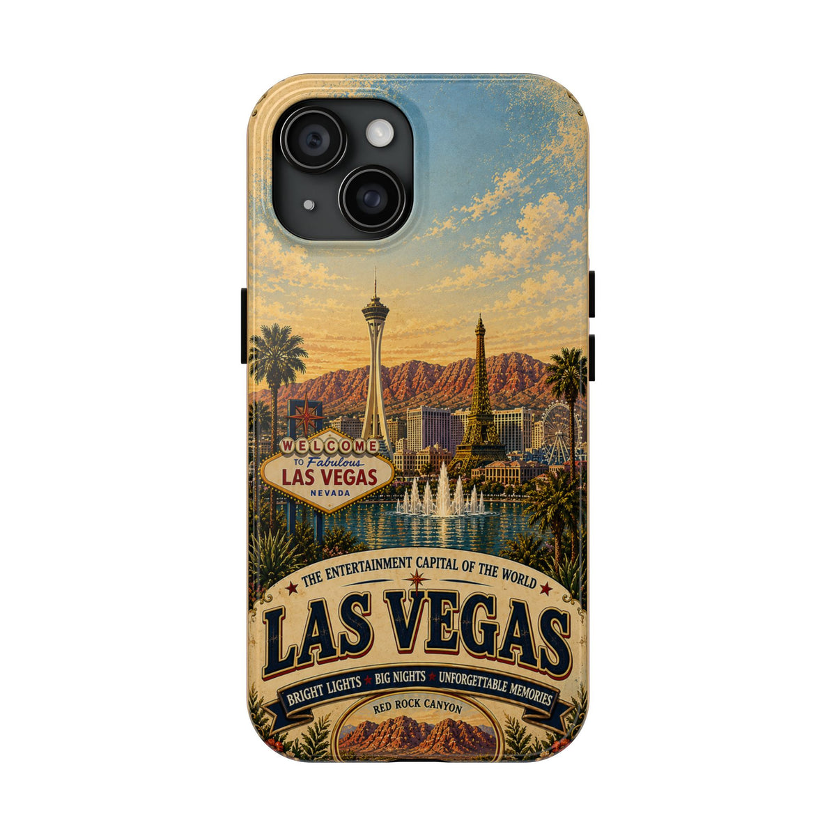 Las Vegas Faux Patchwork Phone Case – Entertainment Capital Retro Travel Art, Strip Skyline & Desert Sunset Cover