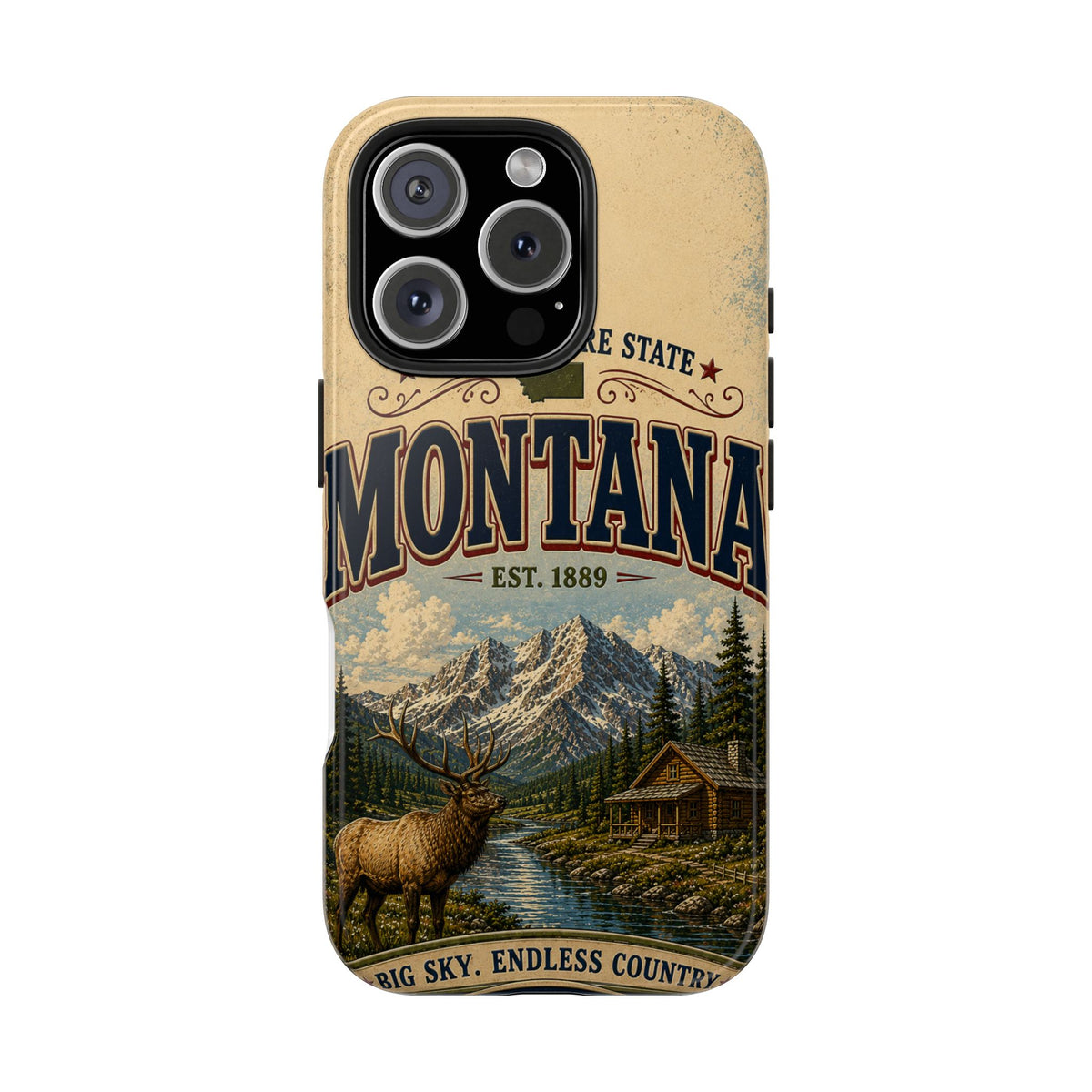 Montana Big Sky Country Faux Patchwork Phone Case – Vintage Travel Poster Scenic Mountain Design for iPhone & Samsung