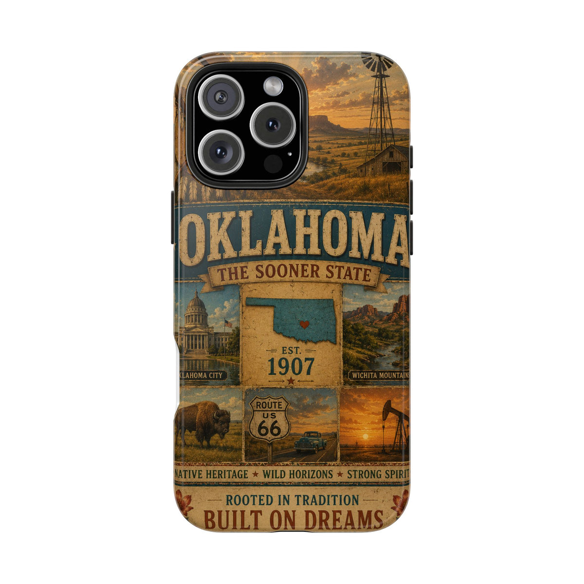 write me a title and product description for this United State phone case with Slogan  "Oklahoma Faux Patchwork Phone Case The Sooner State Vintage Travel Poster Retro State Pride Cover Est 1907"...