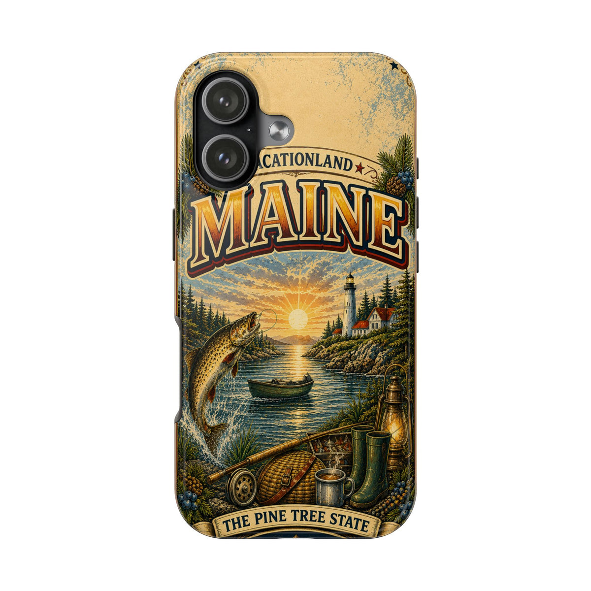 Maine Vacationland Faux Patchwork Phone Case – Vintage Travel Poster Style Coastal Maine Souvenir Cover for iPhone & Samsung
