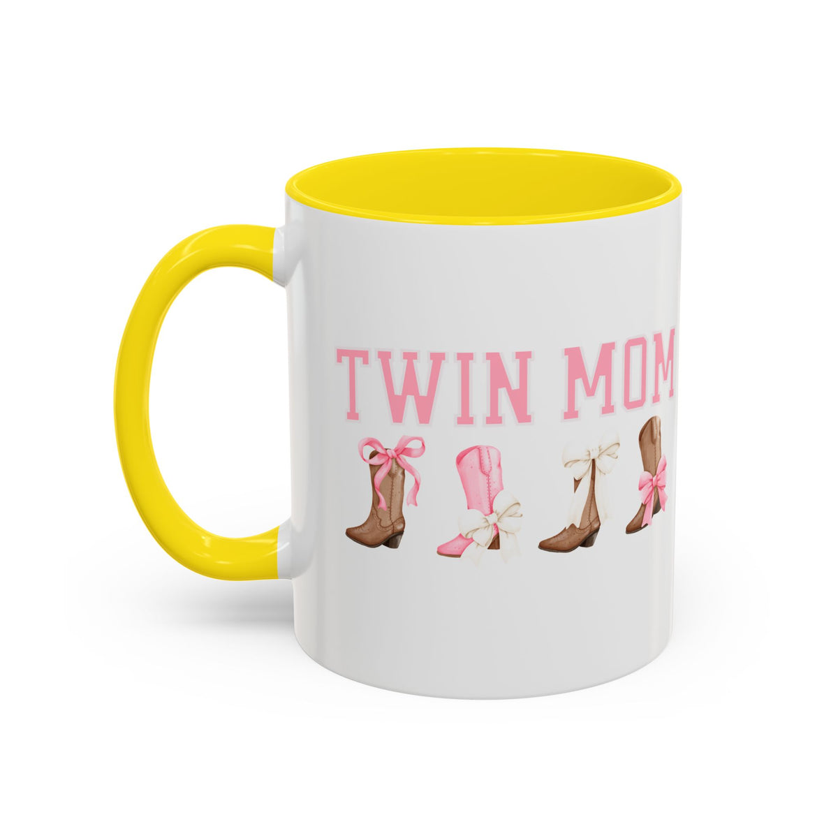 Twin Mom Letters Coffee Mug with Cowboy Boots and Bow – 11oz & 15oz Accent Mug – Cute Western Gift for Twin Moms