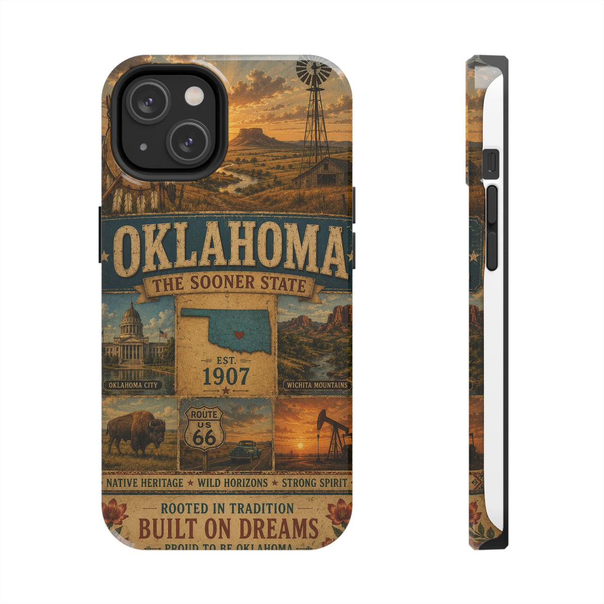 write me a title and product description for this United State phone case with Slogan  "Oklahoma Faux Patchwork Phone Case The Sooner State Vintage Travel Poster Retro State Pride Cover Est 1907"...
