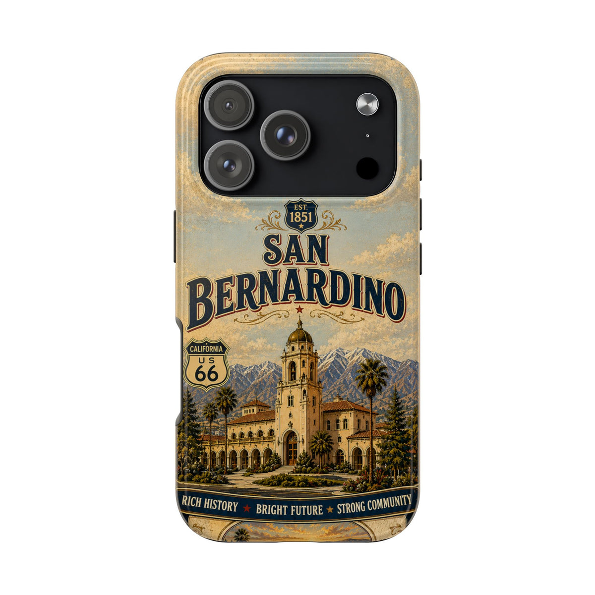 San Bernardino Route 66 Faux Patchwork Phone Case Vintage California Travel Poster Mountain Landmark Cover