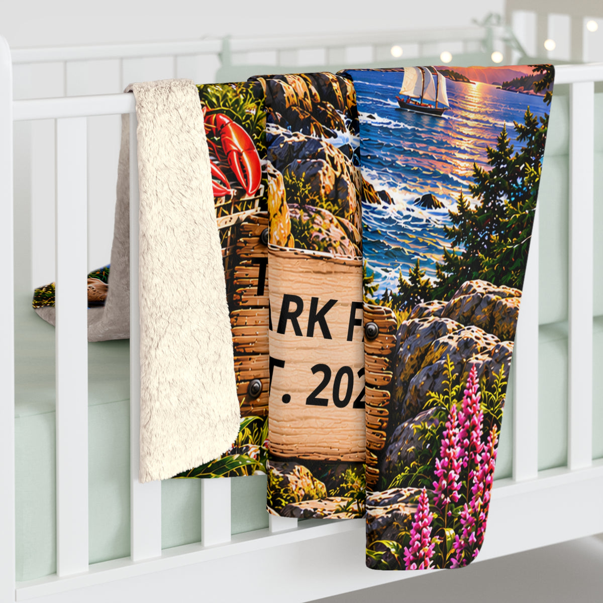 Maine Personalized Sherpa Fleece Blanket, Pine Tree State Lighthouse Moose Coastal Custom Family Name Gift