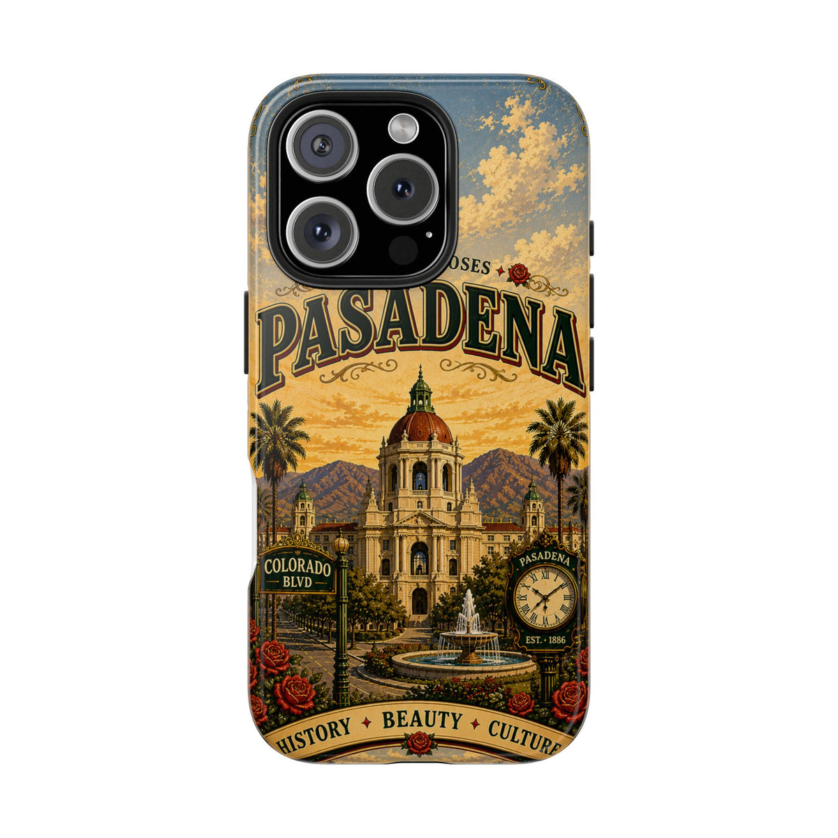 Pasadena City of Roses Faux Patchwork Phone Case – Vintage California Landmark Travel Art Cover