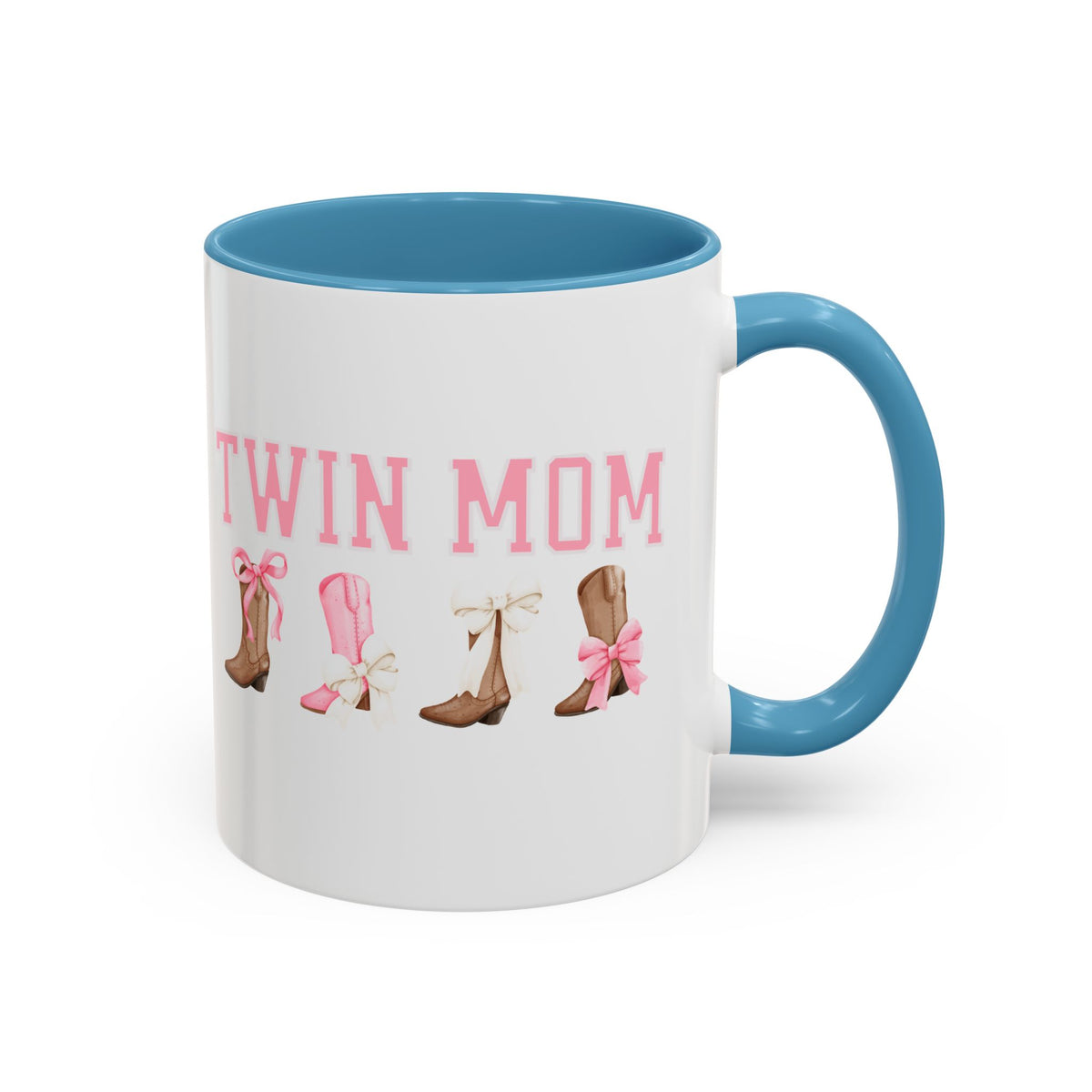 Twin Mom Letters Coffee Mug with Cowboy Boots and Bow – 11oz & 15oz Accent Mug – Cute Western Gift for Twin Moms