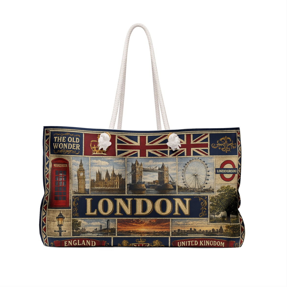 London England Weekender Bag The Old Wonder Faux Patchwork Travel Tote United Kingdom Landmark Vintage Travel Gift