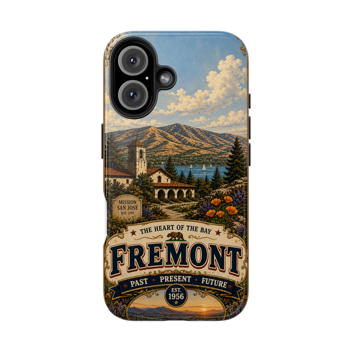 Fremont California Faux Patchwork Phone Case – Heart of the Bay Retro Travel Art, Mission San José Landmark Cover