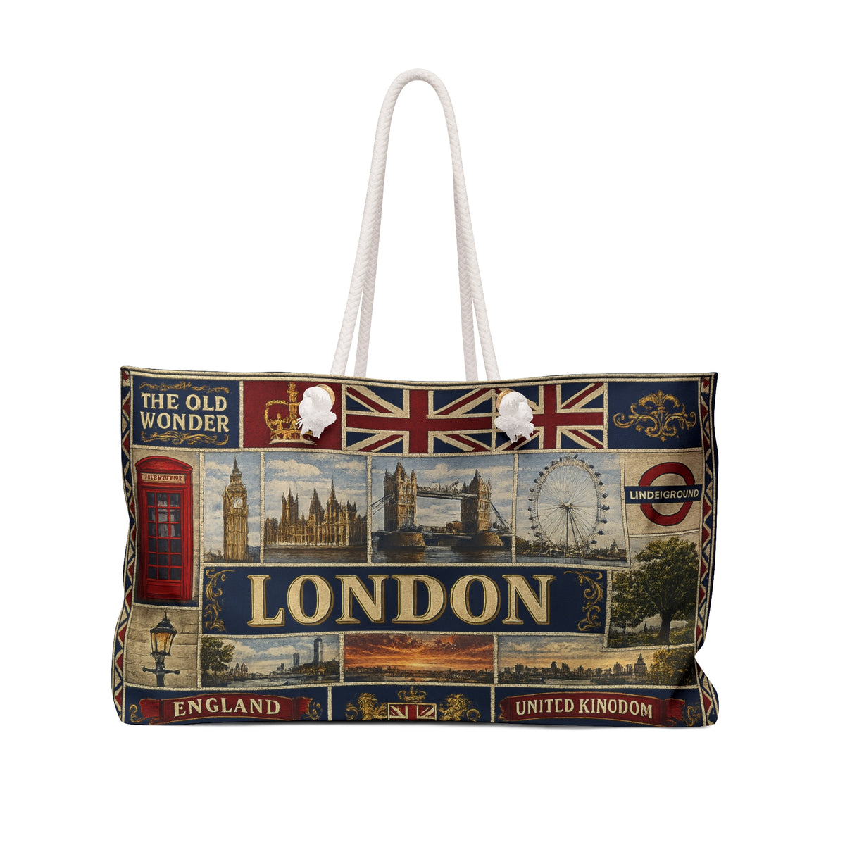 London England Weekender Bag The Old Wonder Faux Patchwork Travel Tote United Kingdom Landmark Vintage Travel Gift