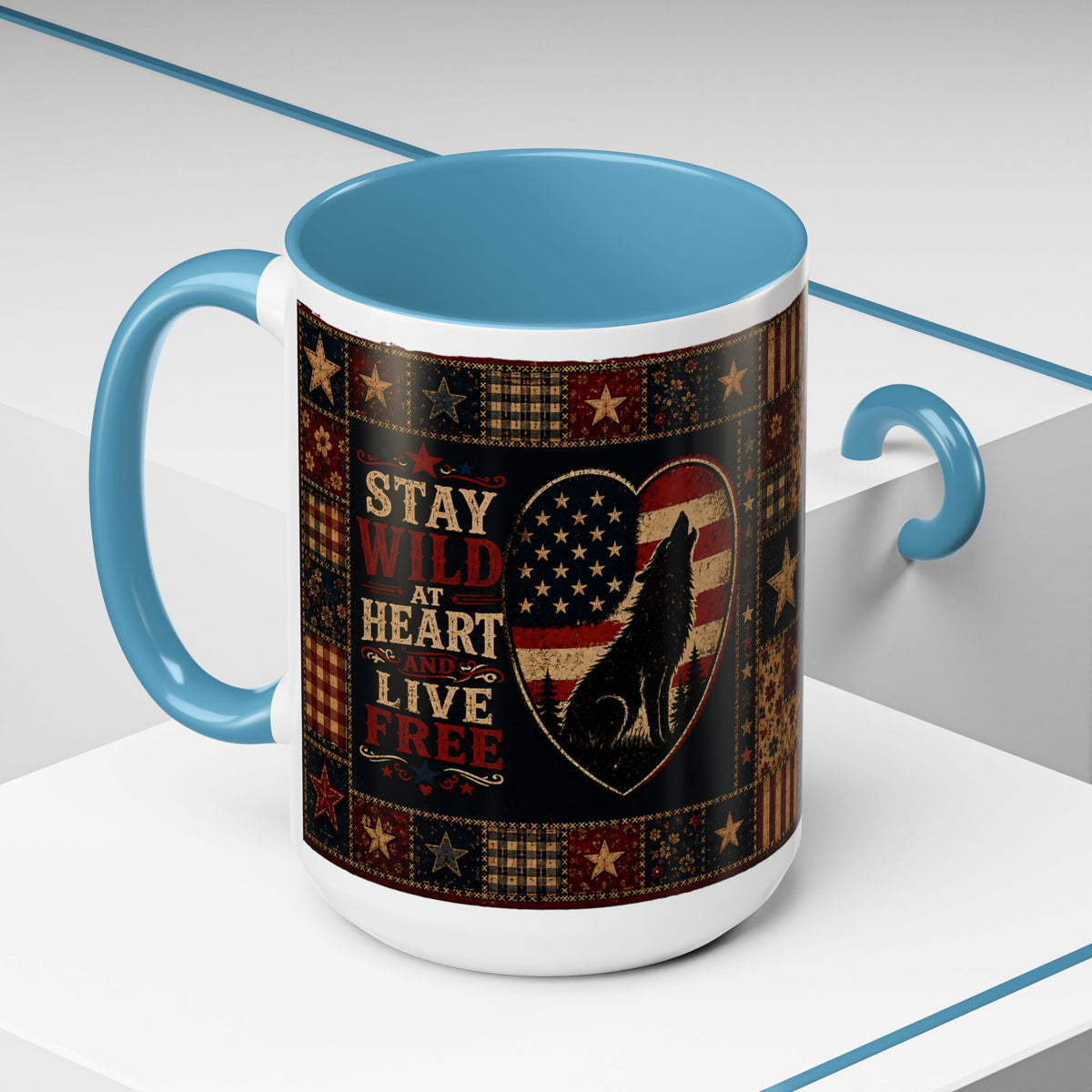 Patriotic Wolf Coffee Mug - "Stay Wild at Heart, Live Free" Accent Mug