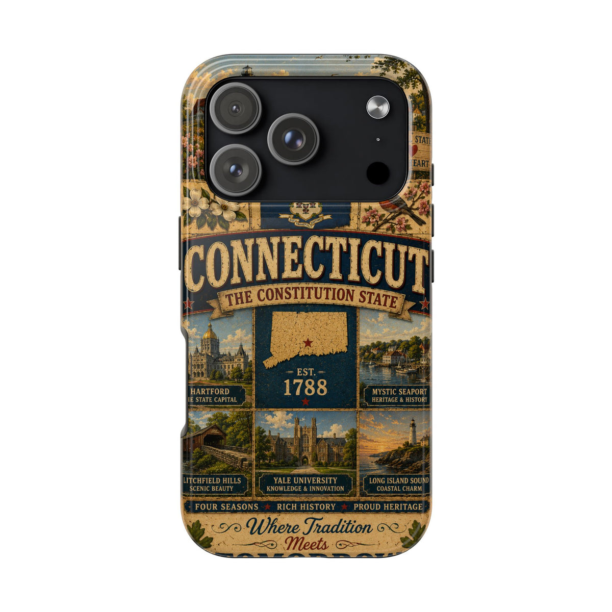 Connecticut Constitution State Faux Patchwork Phone Case Vintage Travel Poster Pride Cover