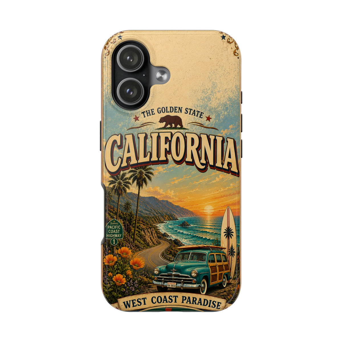 California Golden State Faux Patchwork Phone Case Vintage Travel Poster Retro State Pride Cover