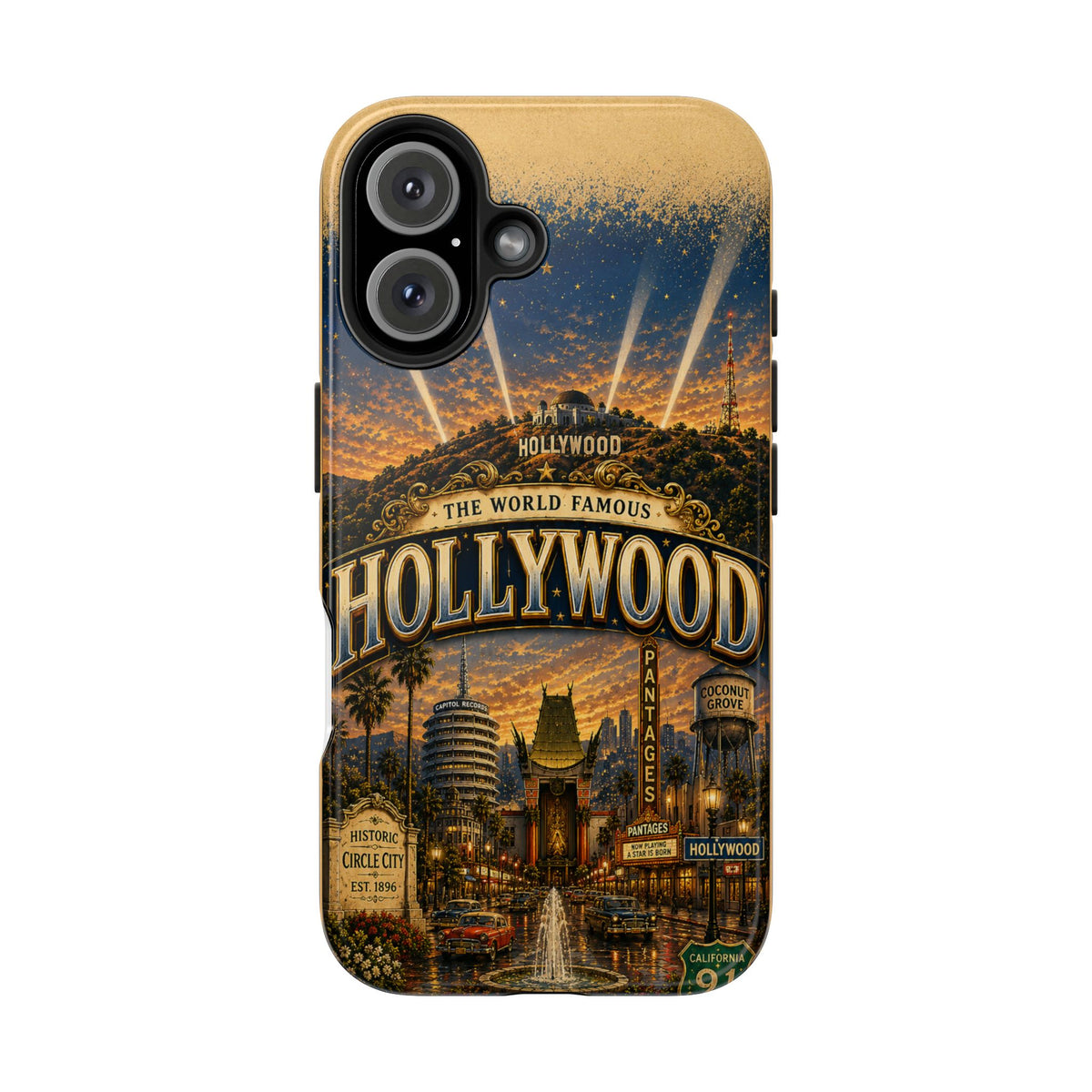 Hollywood Faux Patchwork Phone Case – Vintage Night Lights Retro Cinema Street Scene Old Hollywood Glam Cover