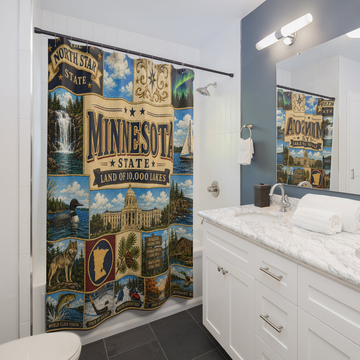 Minnesota State 'Land of 10,000 Lakes' Shower Curtain – Vintage State Collage