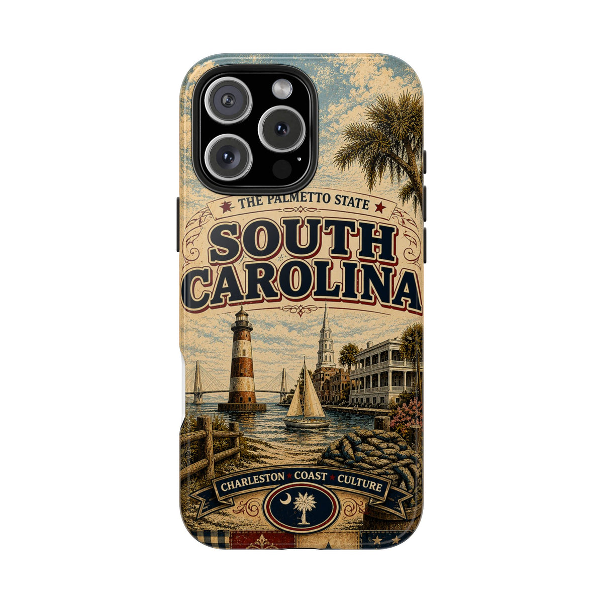 South Carolina Faux Patchwork Phone Case Palmetto State Retro Charleston Coastal Lighthouse State Pride Cover