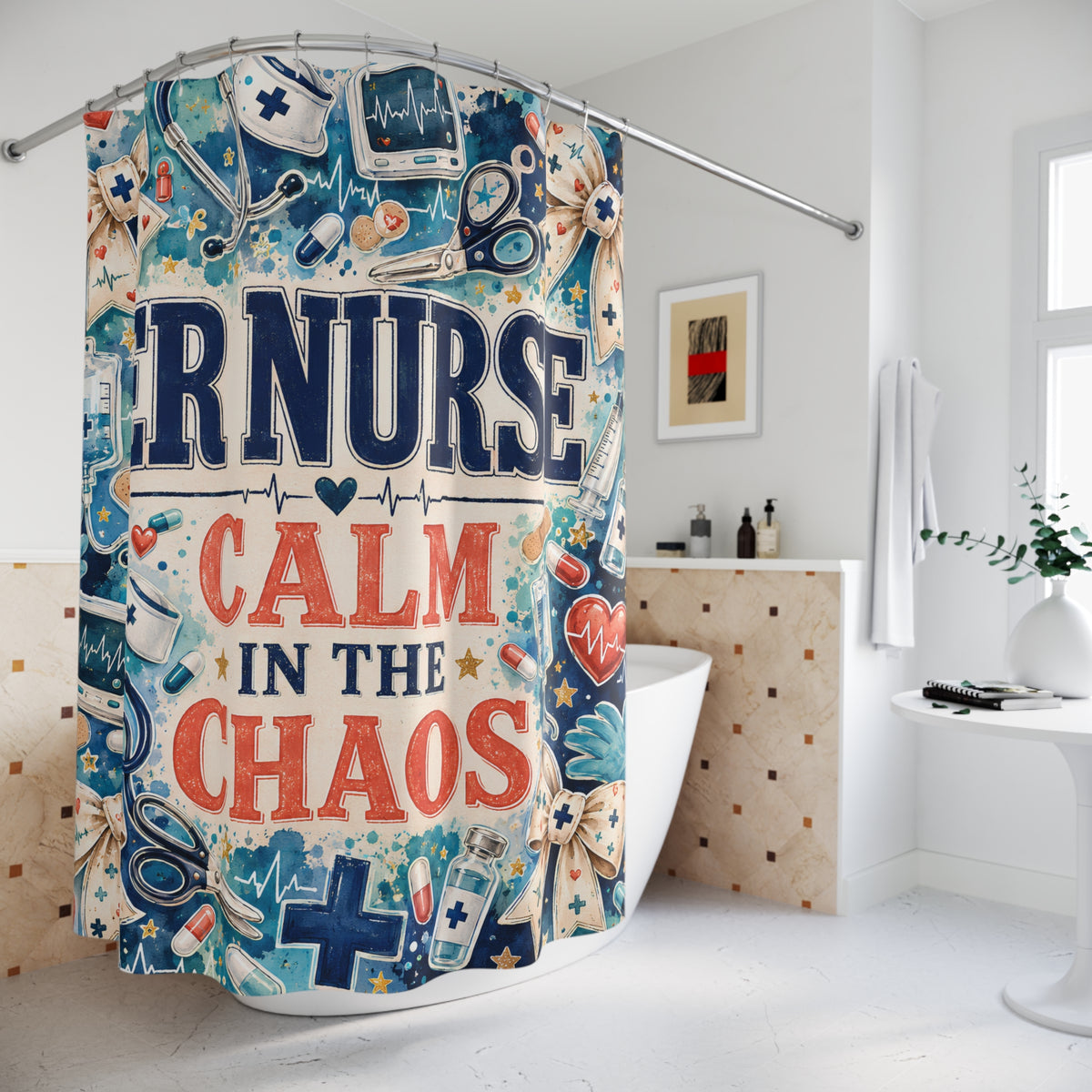 ER Nurse Shower Curtain — "Calm in the Chaos" Hospital Medical Bathroom Decor