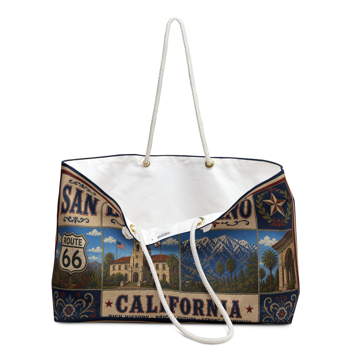 San Bernardino California Weekender Bag Route 66 Faux Patchwork Travel Tote Vintage Inland Empire Adventure Gift