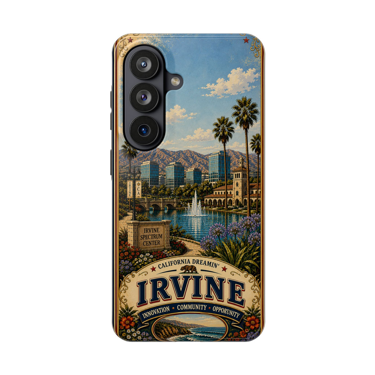Irvine Faux Patchwork Phone Case – California Dreamin’ Vintage Travel Art, Spectrum Park & Cityscape Cover