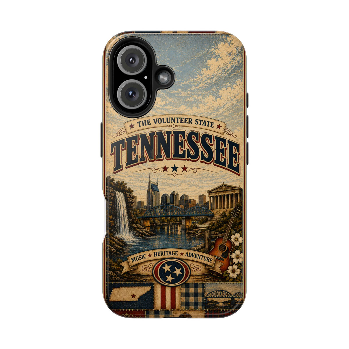 Tennessee Faux Patchwork Phone Case Volunteer State Retro Nashville Skyline Guitar State Pride Cover