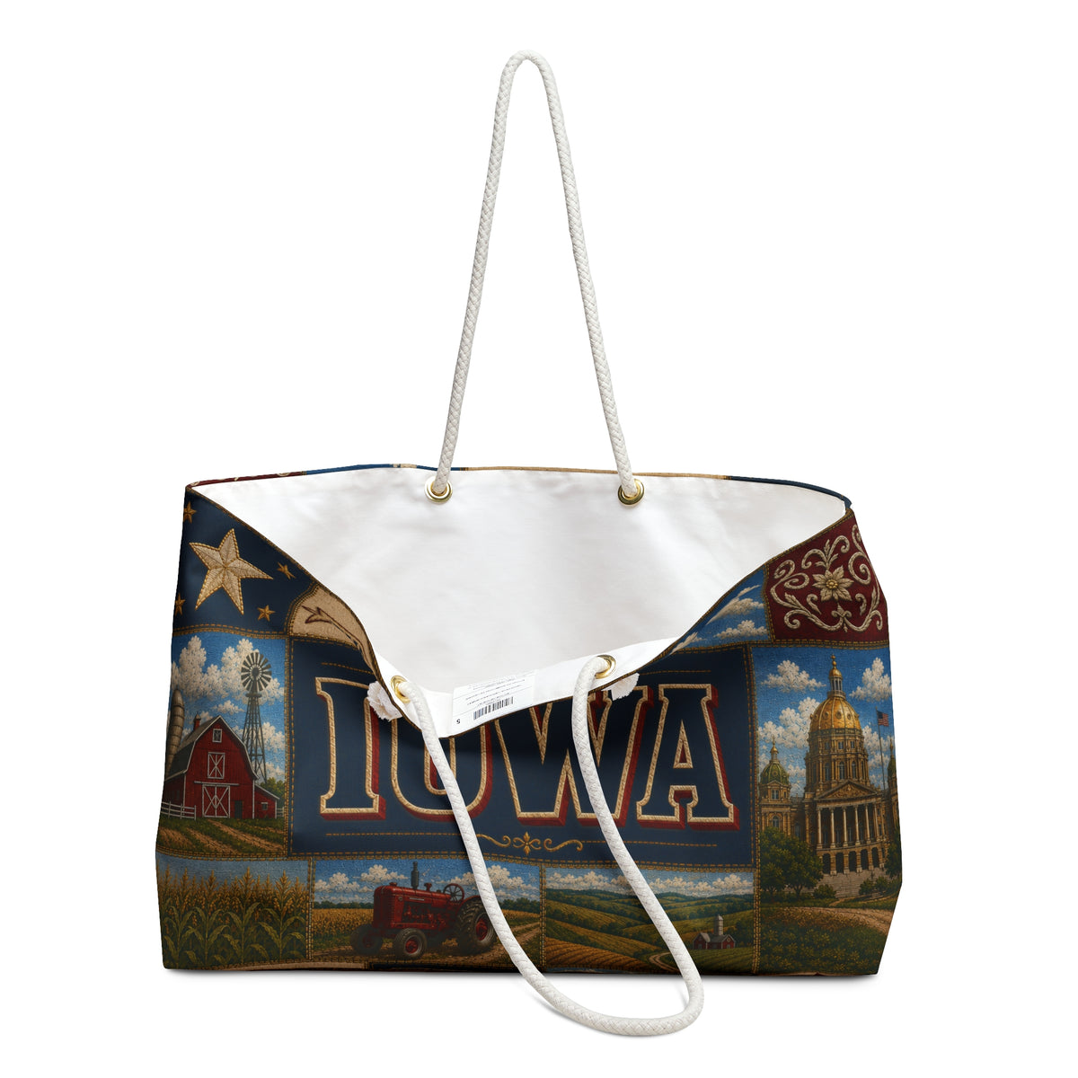 Iowa Weekender Bag Hawkeye State Faux Patchwork Travel Tote Fields of Opportunity Vintage State Souvenir Gift