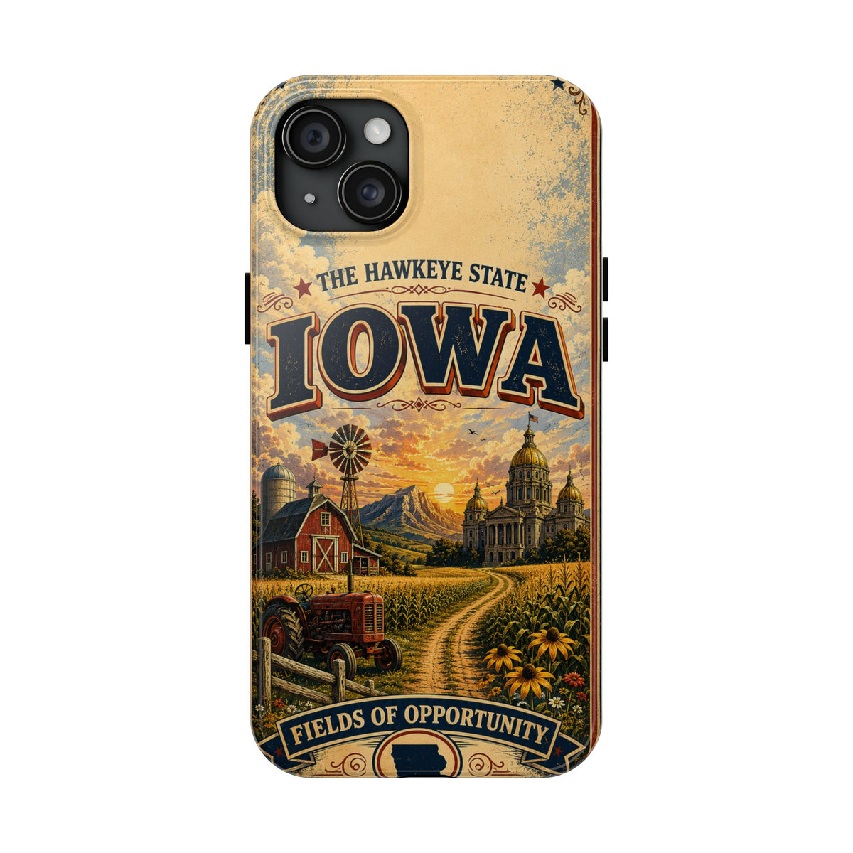 Iowa Hawkeye State Faux Patchwork Phone Case – Vintage Travel Poster Style Iowa Souvenir Cover for iPhone & Samsung