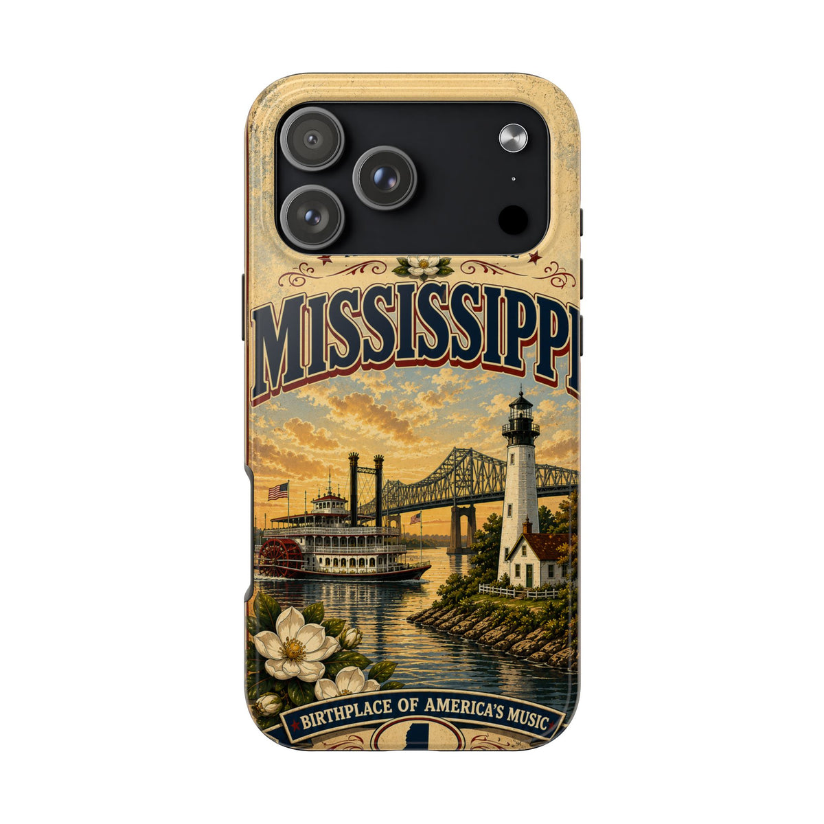 Mississippi Magnolia State Faux Patchwork Phone Case – Vintage Travel Poster Riverboat Lighthouse Design for iPhone & Samsung