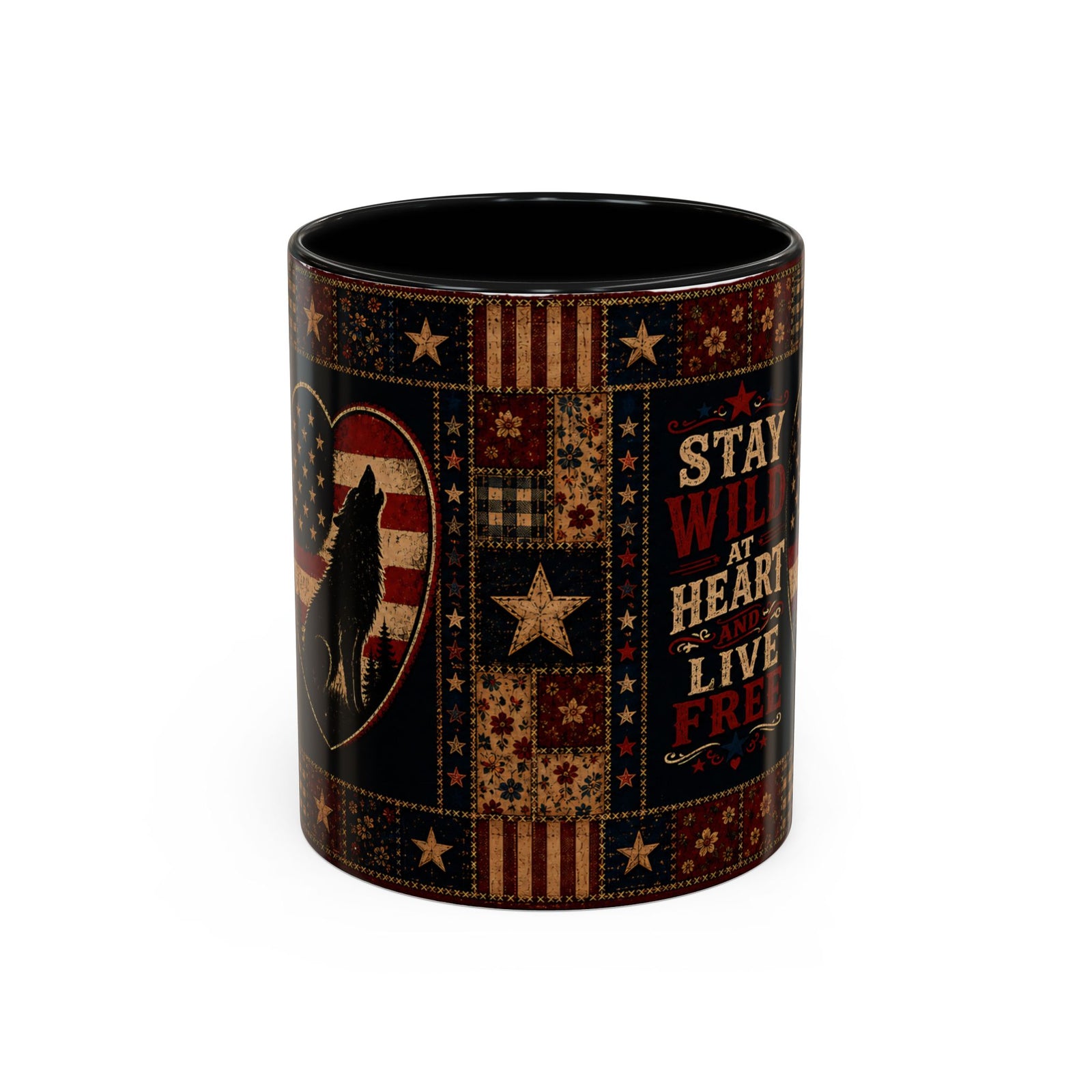 Patriotic Wolf Coffee Mug - "Stay Wild at Heart, Live Free" Accent Mug