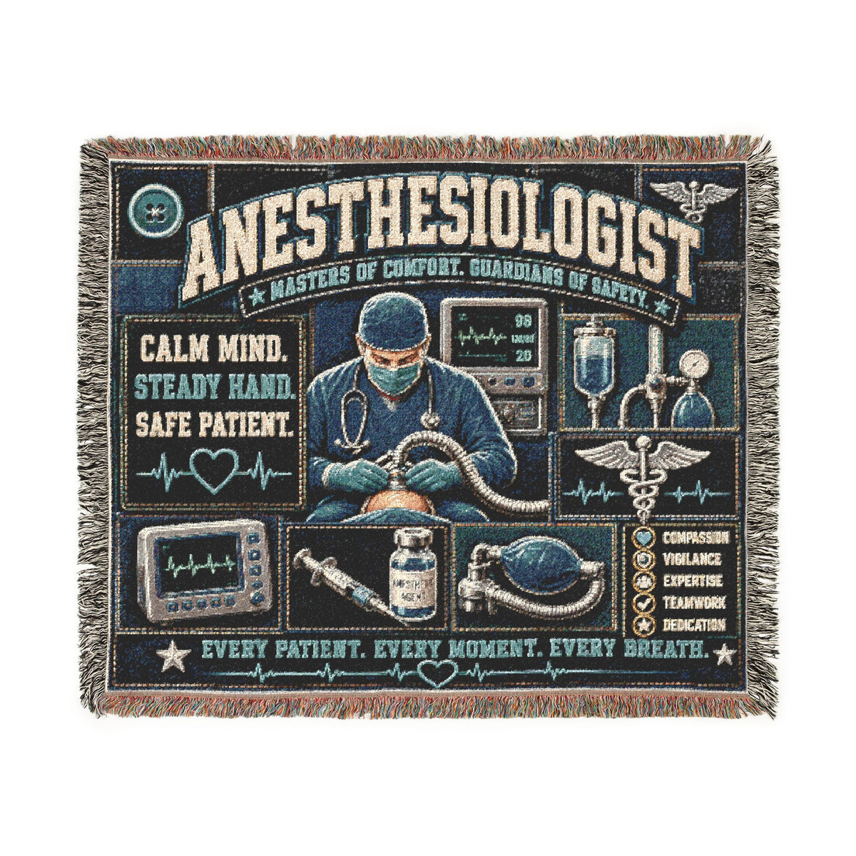 Anesthesiologist Woven Blanket – Calm Mind Steady Hand Safe Patient Faux Patchwork Medical Office Wall Decor Throw