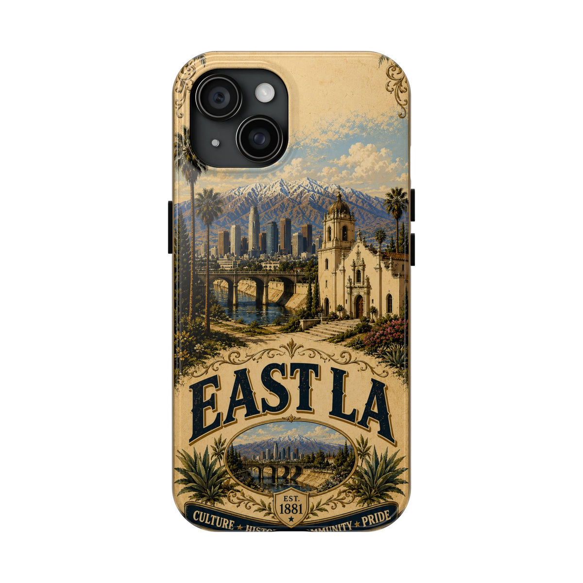 East LA Faux Patchwork Phone Case – Cultural Heritage Skyline & Mission Landmark Retro Cover for iPhone 17 Samsung S26