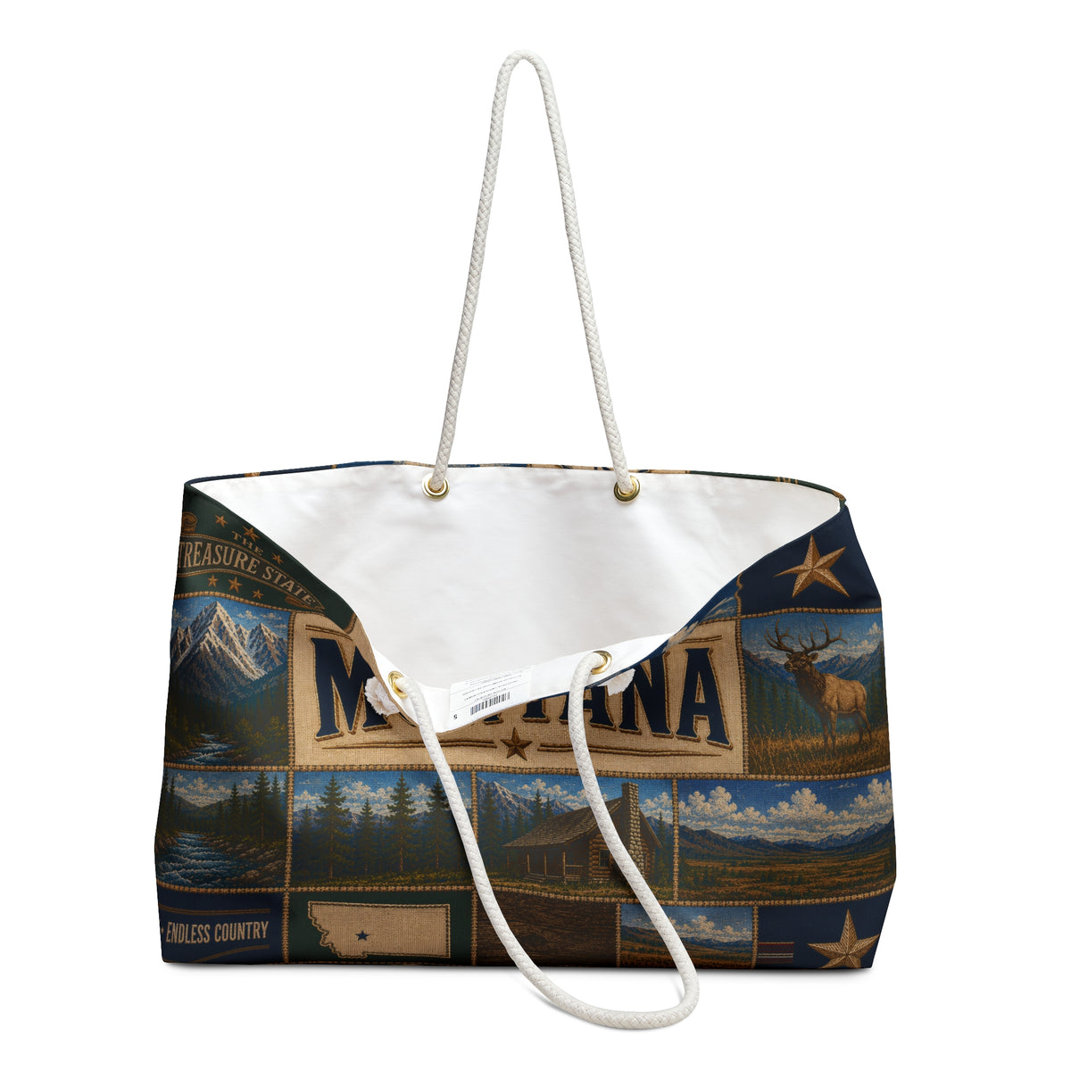 Montana Weekender Bag Treasure State Faux Patchwork Travel Tote Big Sky Country Mountain Adventure Souvenir Gift